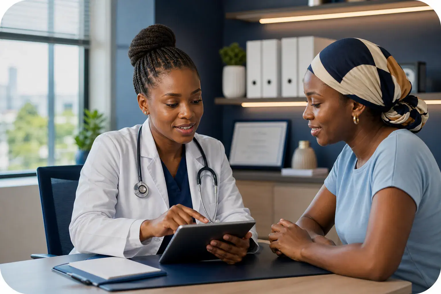 Doctor reviewing a connected digital care workflow