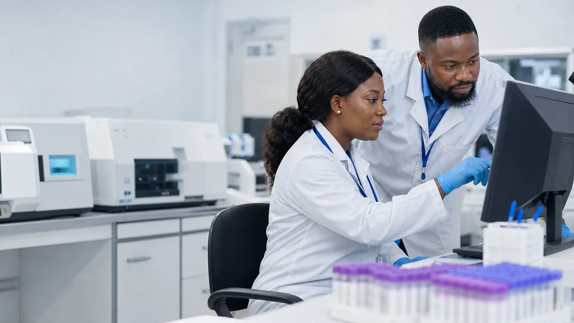 Nigerian laboratory scientists reviewing diagnostic results