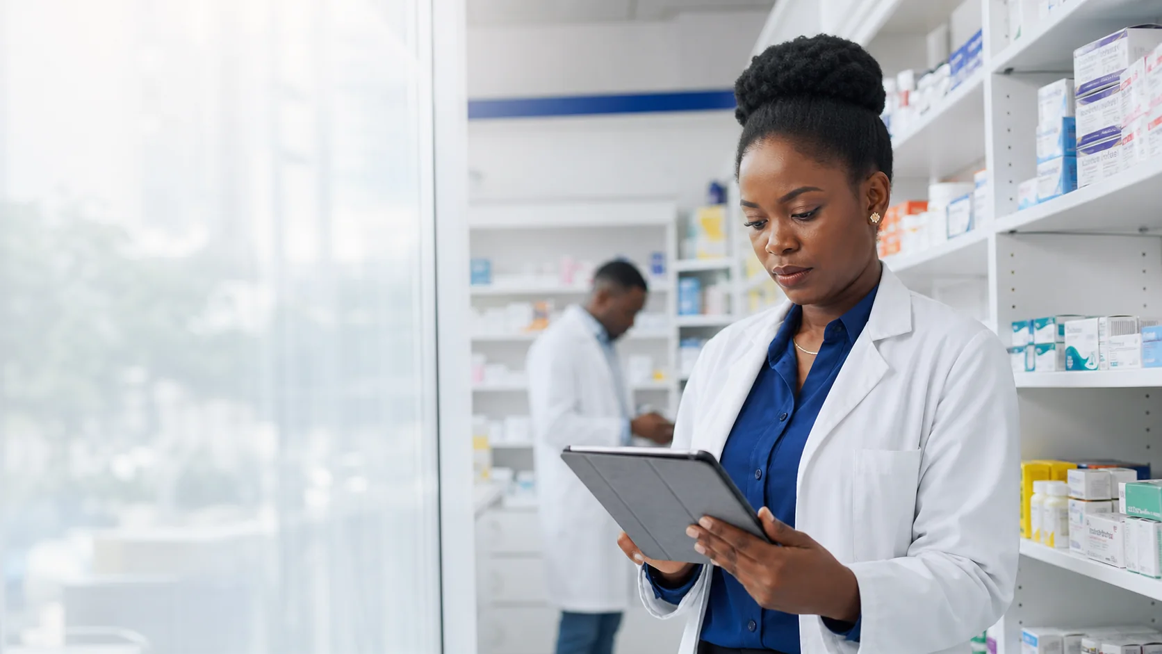 Nigerian pharmacist checking a digital prescription before fulfilment