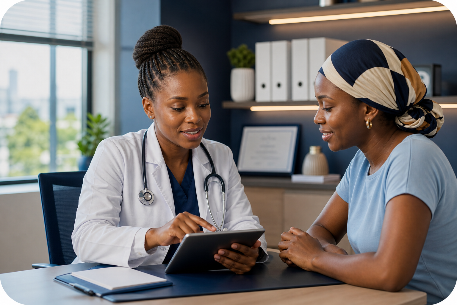 Nigerian doctor preparing for an online consultation