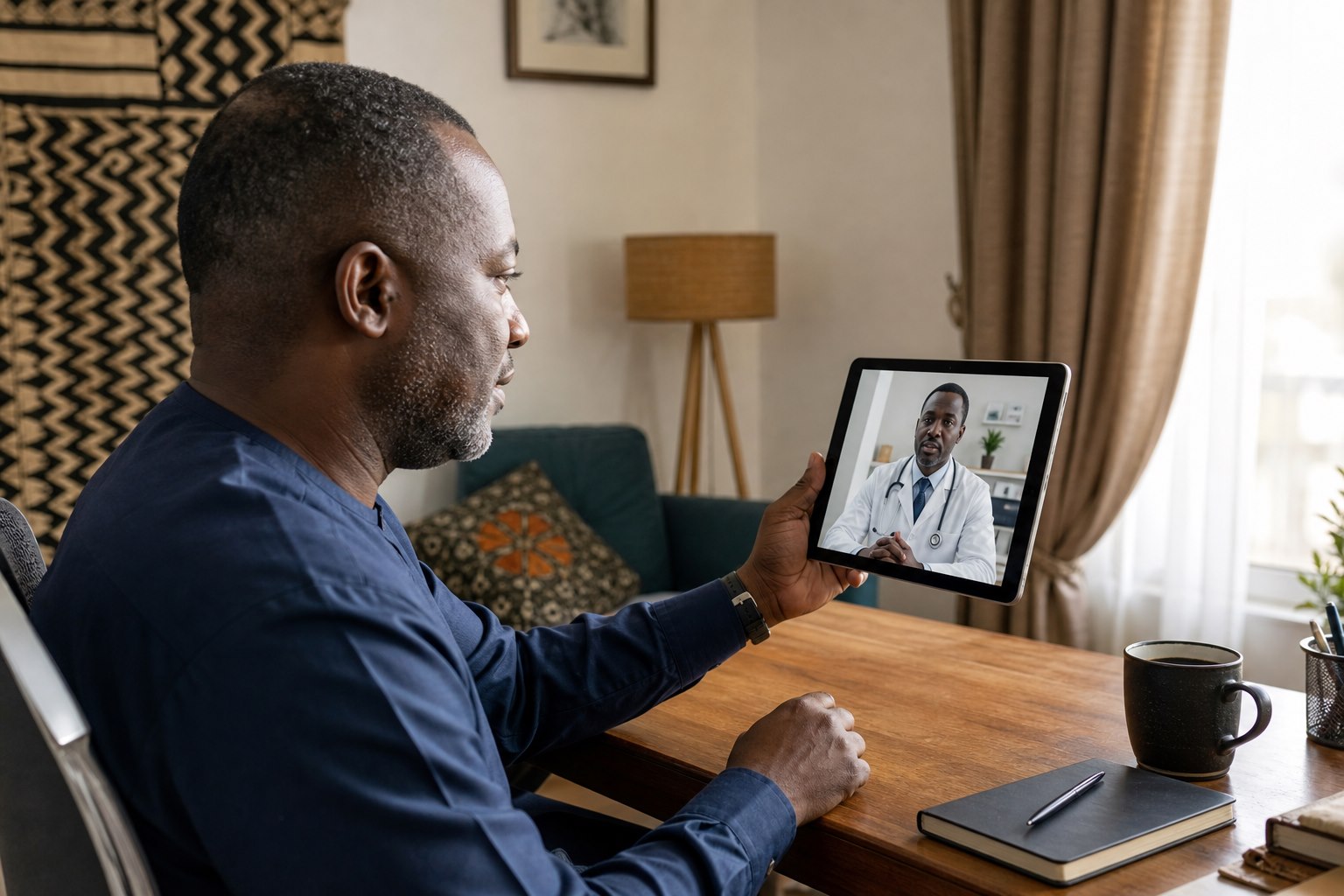 Nigerian patient speaking with a doctor during a private online consultation