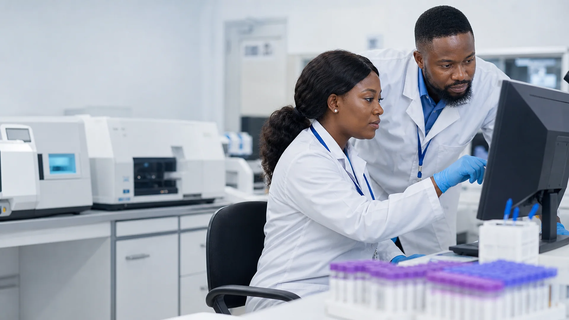Nigerian laboratory scientists reviewing diagnostic results