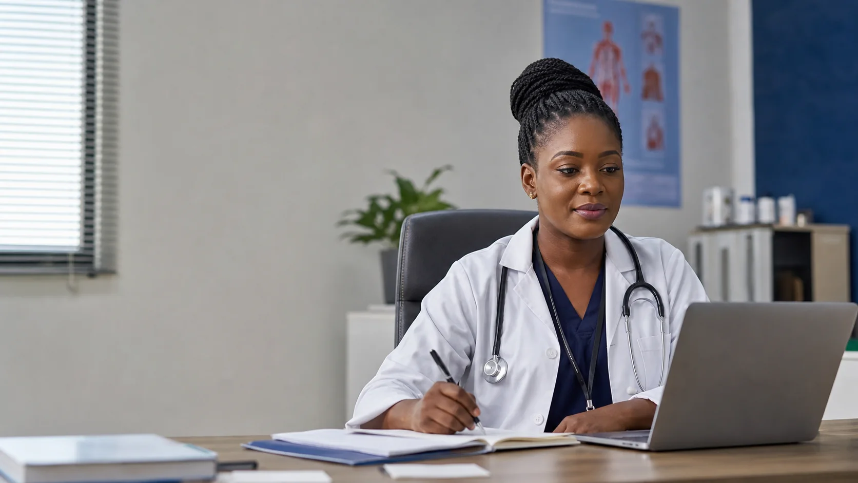 Nigerian doctor preparing for a secure online consultation
