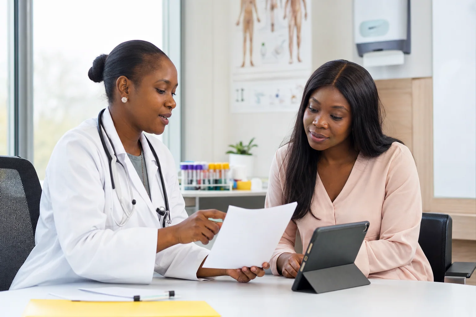 Nigerian clinician reviewing laboratory results and a continued care plan with a patient