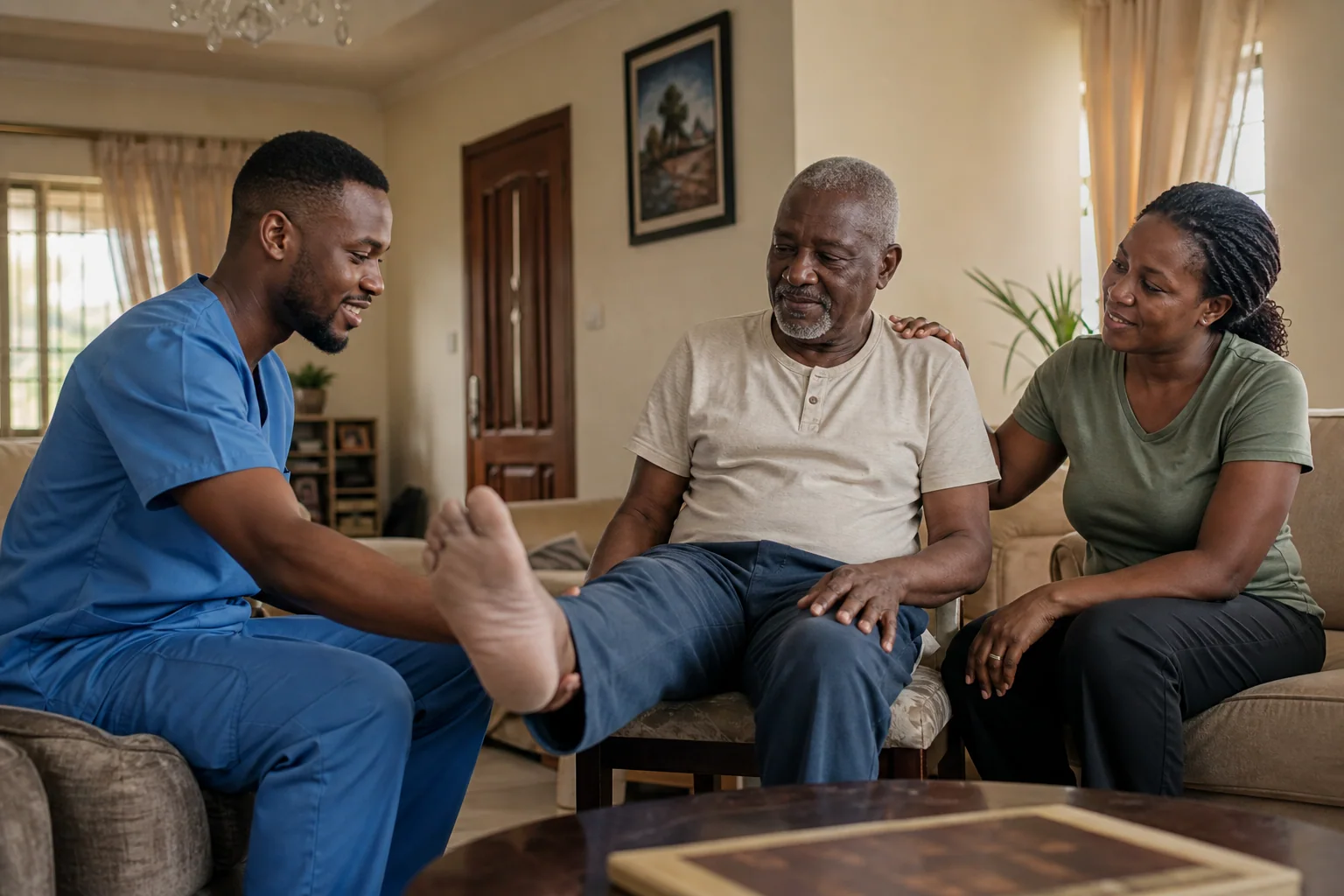 Nigerian home-care professional supporting an older patient and his family