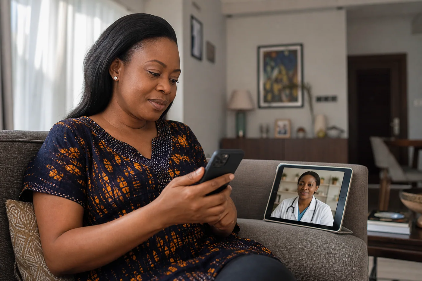 Nigerian patient booking an online doctor consultation from home